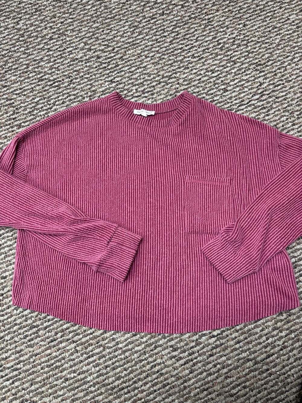 moa moa Women's Ribbed Knit Long Sleeve Pocket Sweater Top Pink L
